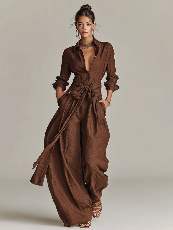 Dames Linen Overhemdkraag Jumpsuit met Riem