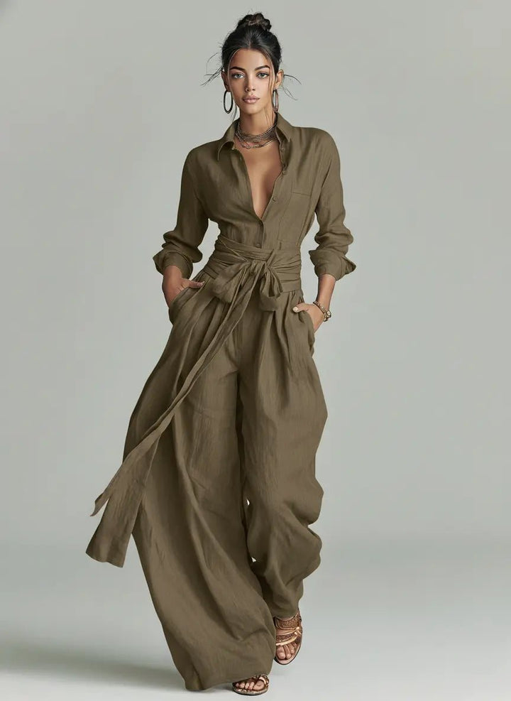 Dames Linen Overhemdkraag Jumpsuit met Riem - Cold Brown
