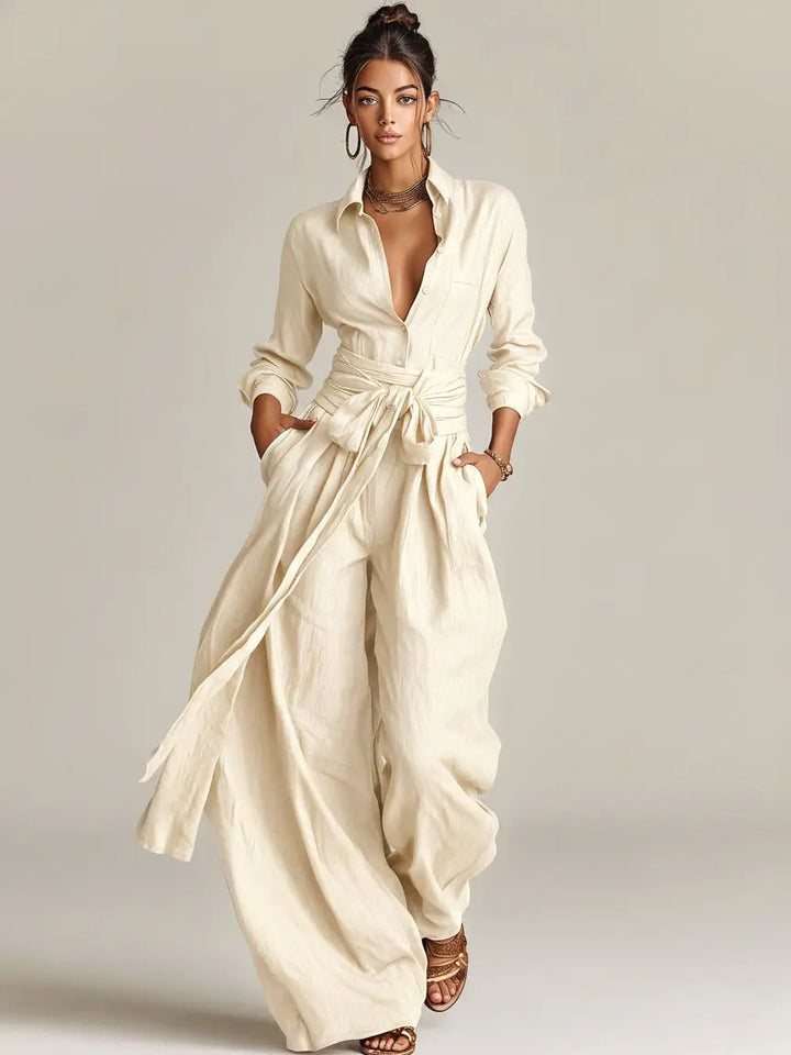 Dames Linen Overhemdkraag Jumpsuit met Riem - White