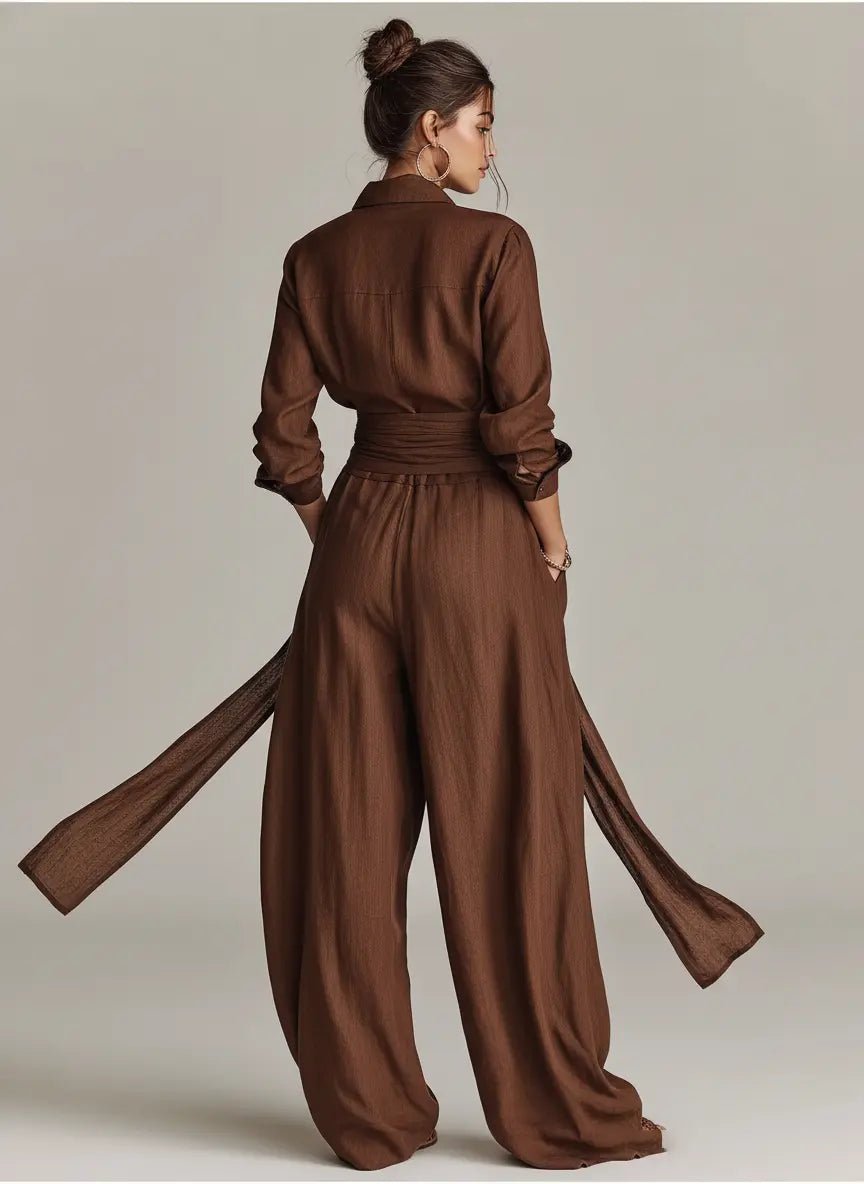 Dames Linen Overhemdkraag Jumpsuit met Riem