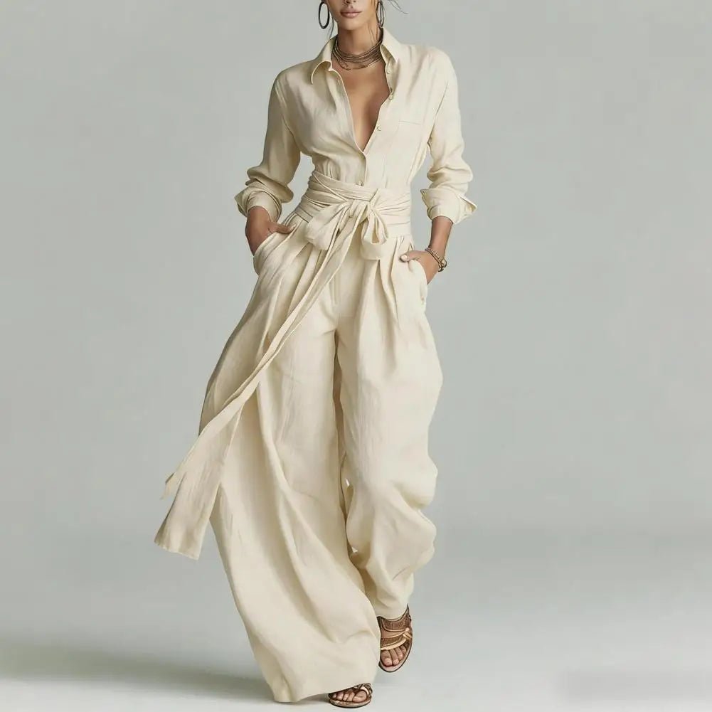 Dames Linen Wijdepijpen Co-Ord Set met Hoge Taille - Apricot