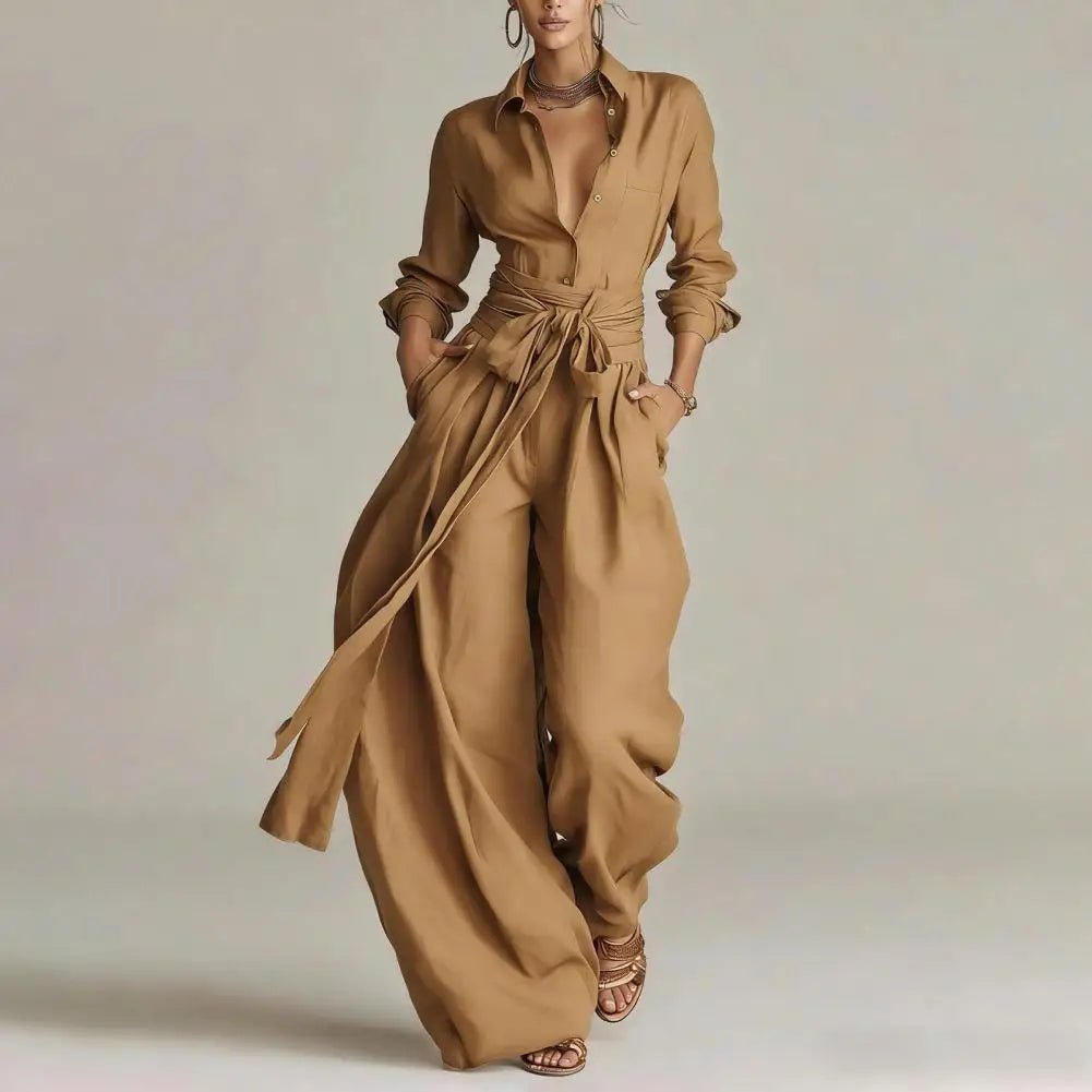 Dames Linen Wijdepijpen Co-Ord Set met Hoge Taille - Khaki