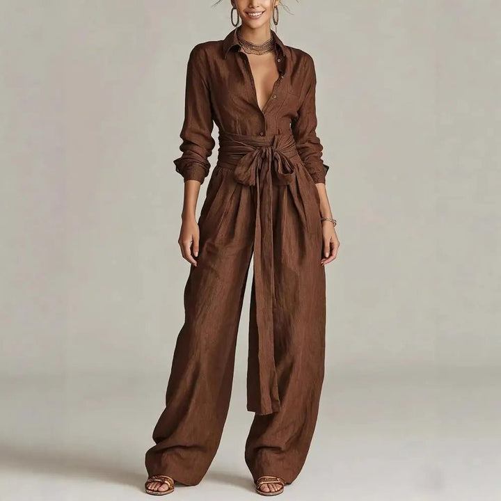 Dames Linen Wijdepijpen Co-Ord Set met Hoge Taille - Coffee