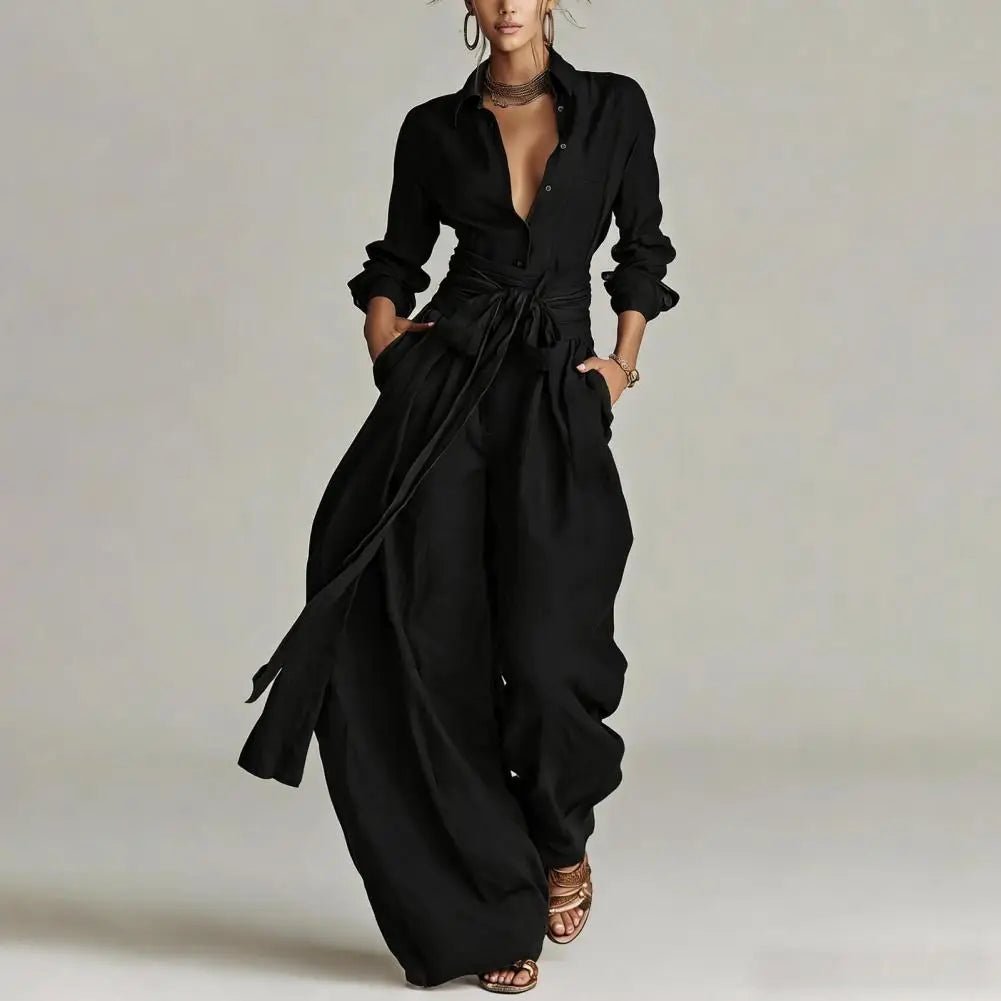 Dames Linen Wijdepijpen Co-Ord Set met Hoge Taille - Black