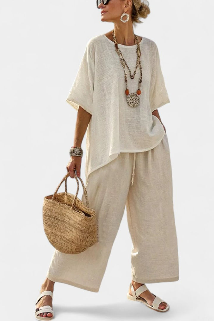 Dames Linnen Asymmetrische Top Wijde Broek Twee-delige Set - White