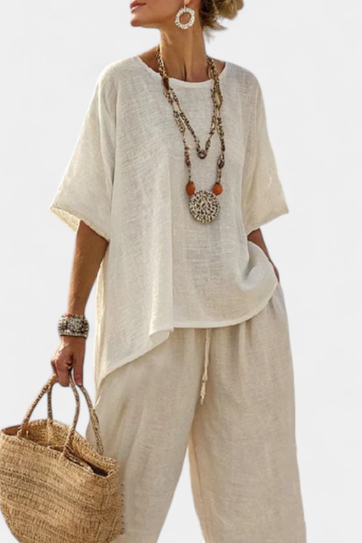Dames Linnen Asymmetrische Top Wijde Broek Twee-delige Set