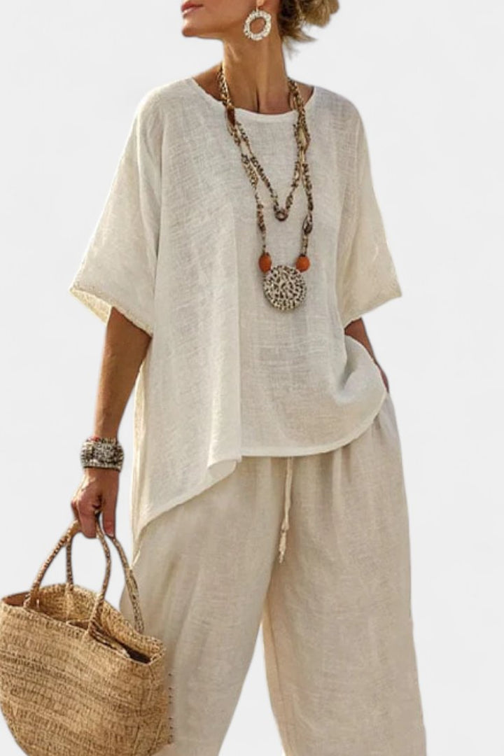 Dames Linnen Asymmetrische Top Wijde Broek Twee-delige Set