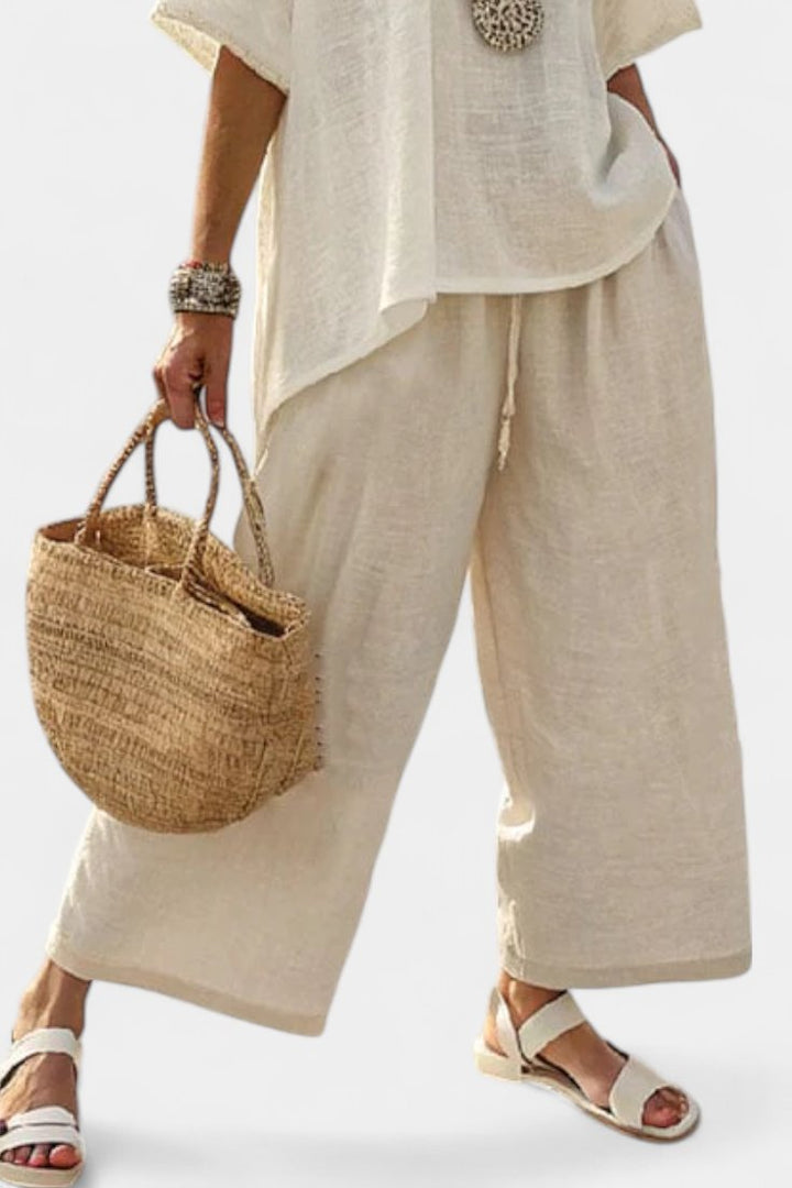 Dames Linnen Asymmetrische Top Wijde Broek Twee-delige Set