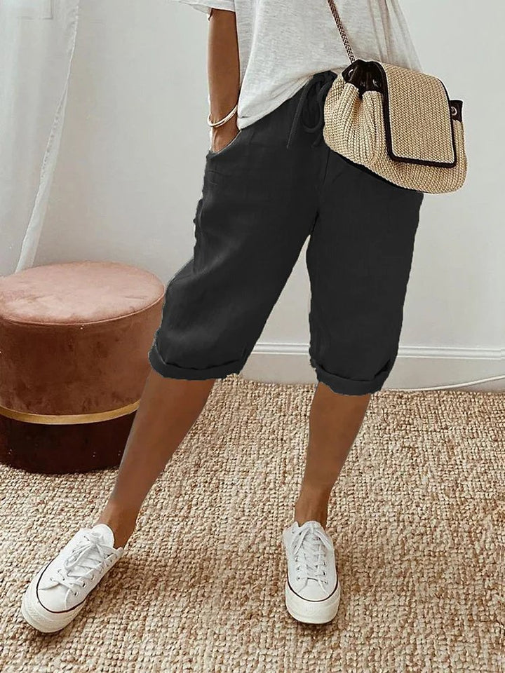 Dames Linnen Bermuda Shorts met Trekkoord - Black