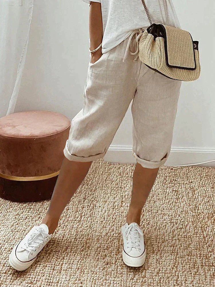 Dames Linnen Bermuda Shorts met Trekkoord - Beige