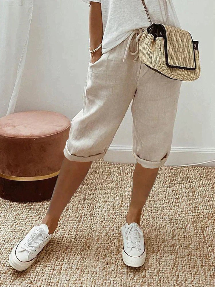 Dames Linnen Bermuda Shorts met Trekkoord - Beige
