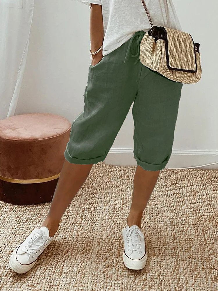 Dames Linnen Bermuda Shorts met Trekkoord - Army Green