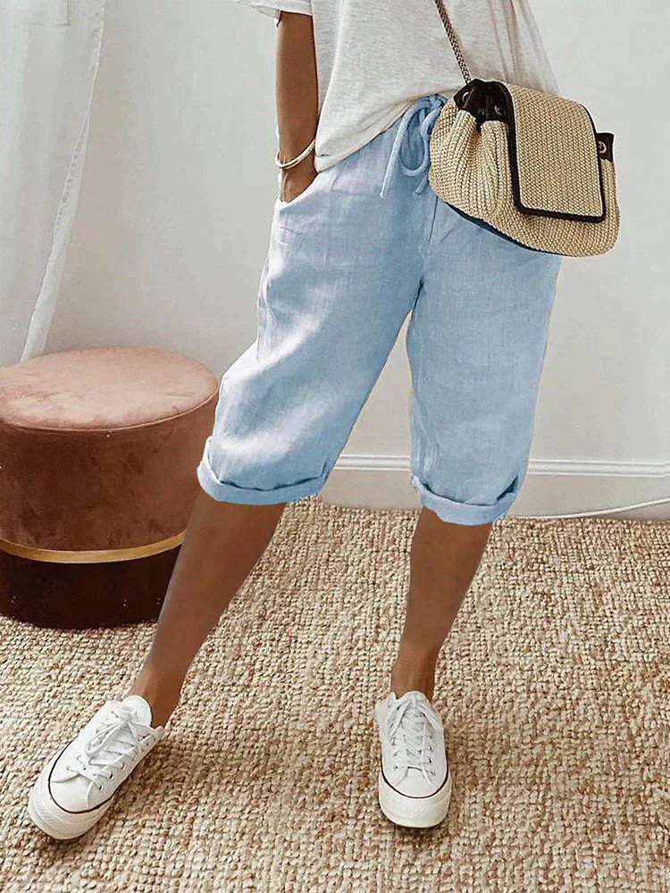 Dames Linnen Bermuda Shorts met Trekkoord - Light Blue