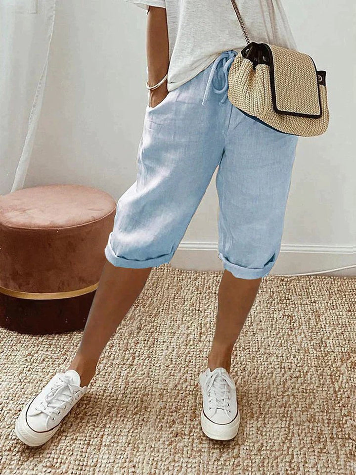 Dames Linnen Bermuda Shorts met Trekkoord - Light Blue