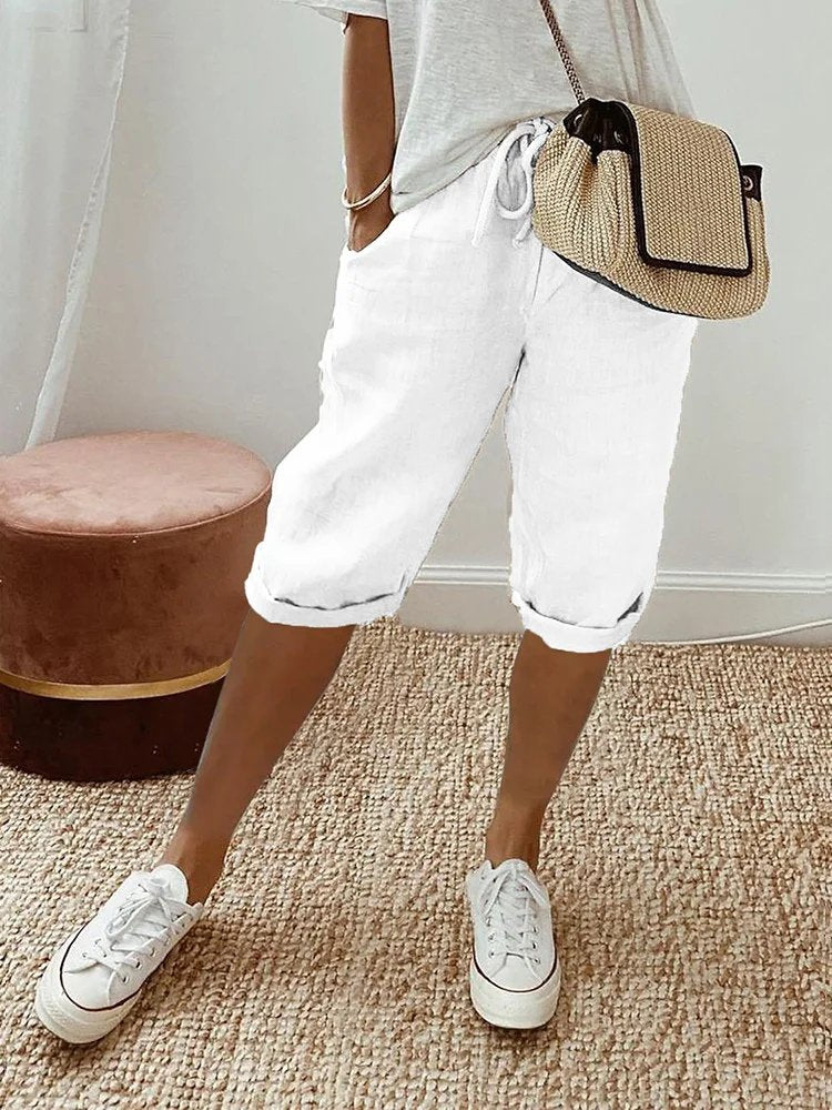 Dames Linnen Bermuda Shorts met Trekkoord - White