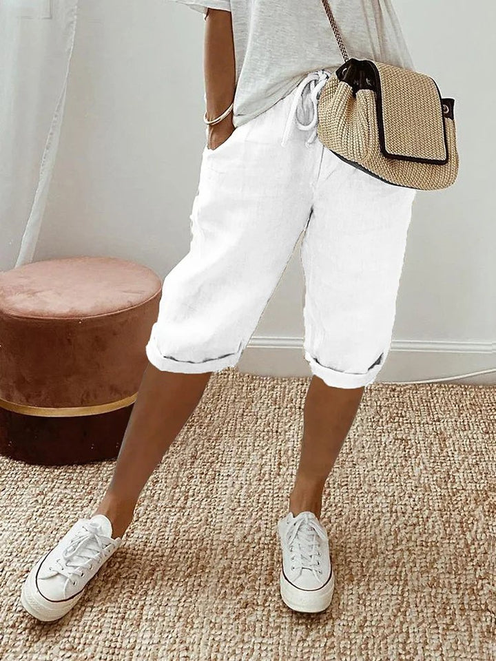 Dames Linnen Bermuda Shorts met Trekkoord - White
