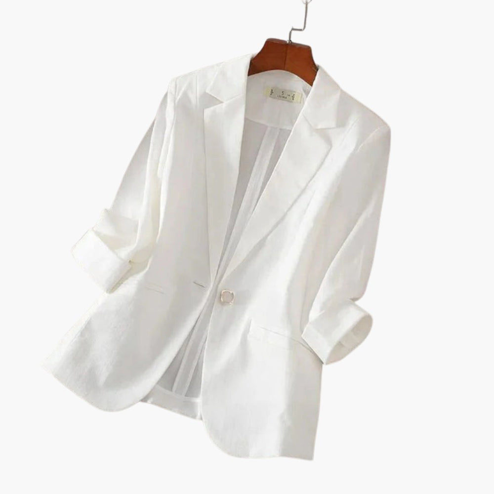 Dames Linnen Blazer Driekwart Mouwen Enkele Knoop - White
