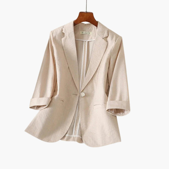 Dames Linnen Blazer Driekwart Mouwen Enkele Knoop - Beige