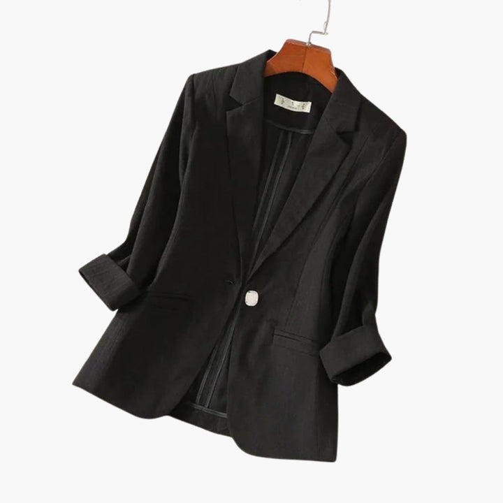 Dames Linnen Blazer Driekwart Mouwen Enkele Knoop - Black