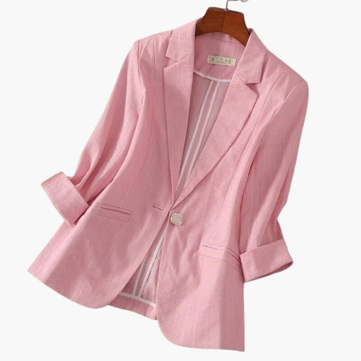 Dames Linnen Blazer Driekwart Mouwen Enkele Knoop - Pink