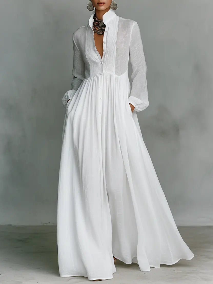 Dames Linnen Blend Maxi Jurk Staande Kraag Knoopsluiting - White