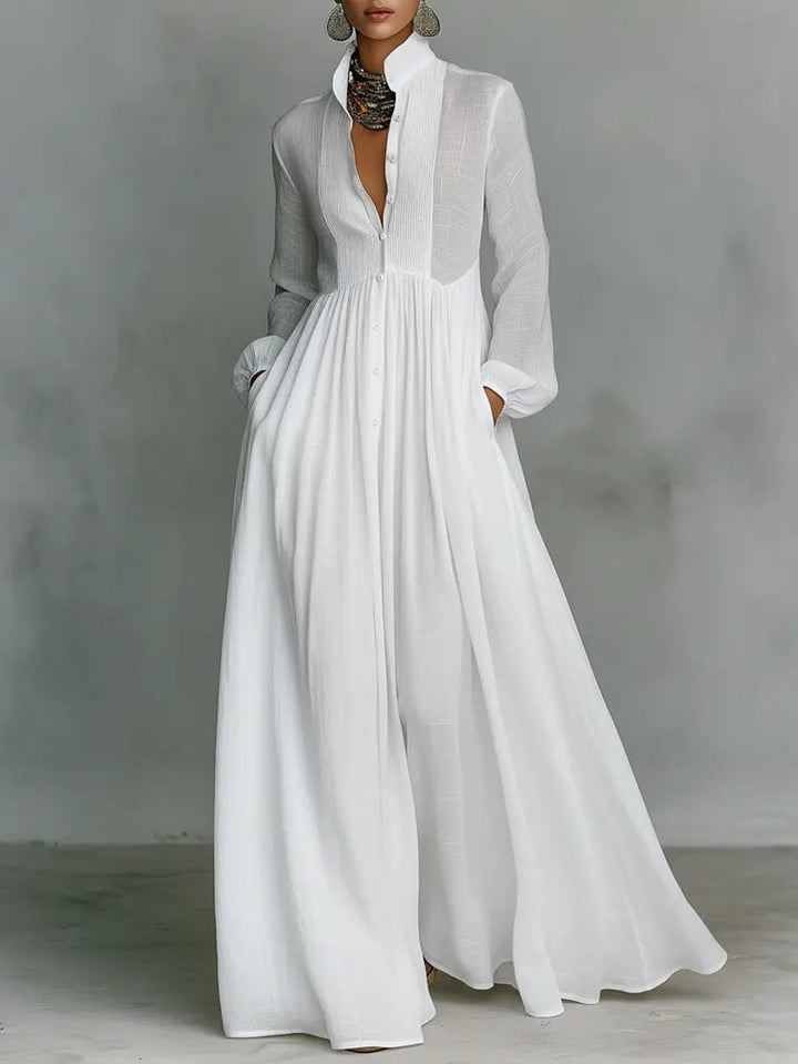 Dames Linnen Blend Maxi Jurk Staande Kraag Knoopsluiting - White