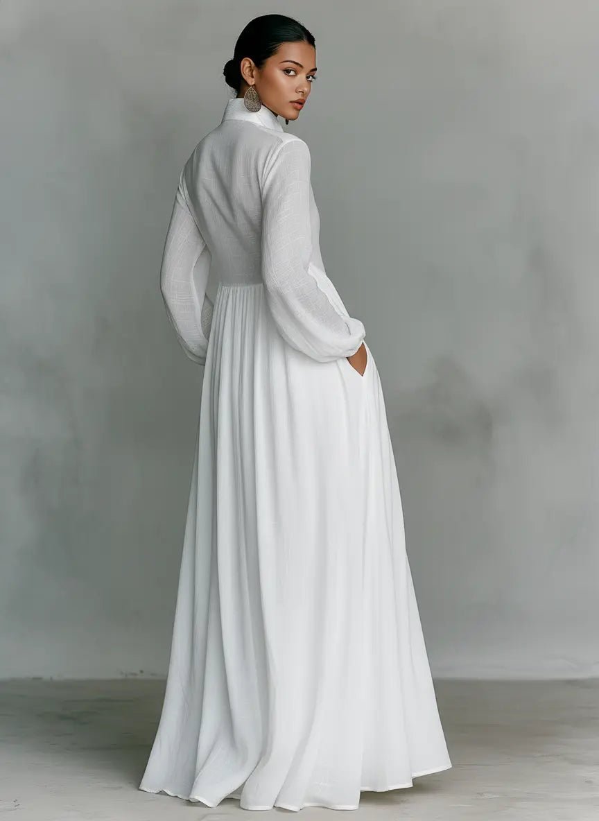 Dames Linnen Blend Maxi Jurk Staande Kraag Knoopsluiting