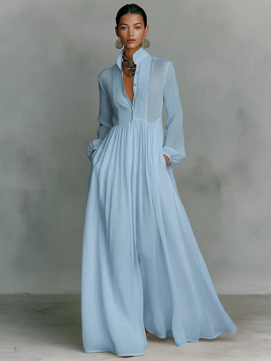 Dames Linnen Blend Maxi Jurk Staande Kraag Knoopsluiting - Blue