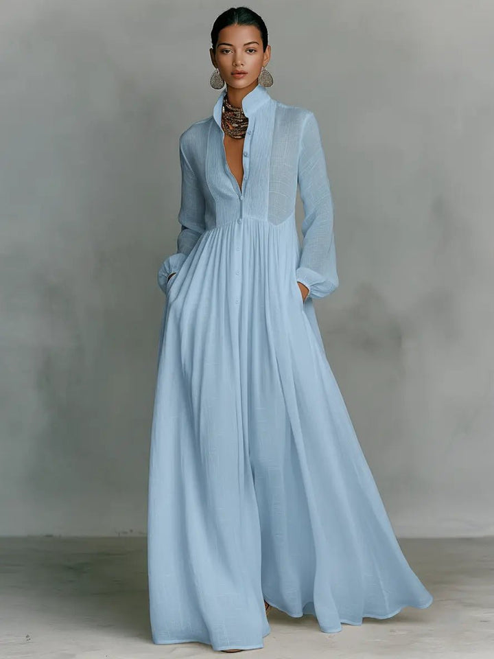 Dames Linnen Blend Maxi Jurk Staande Kraag Knoopsluiting - Blue