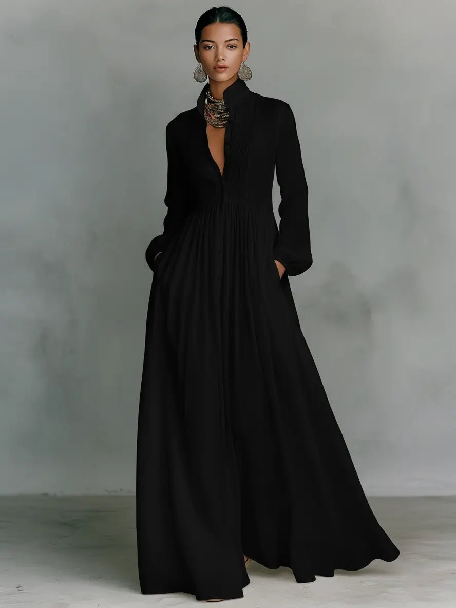Dames Linnen Blend Maxi Jurk Staande Kraag Knoopsluiting - Black