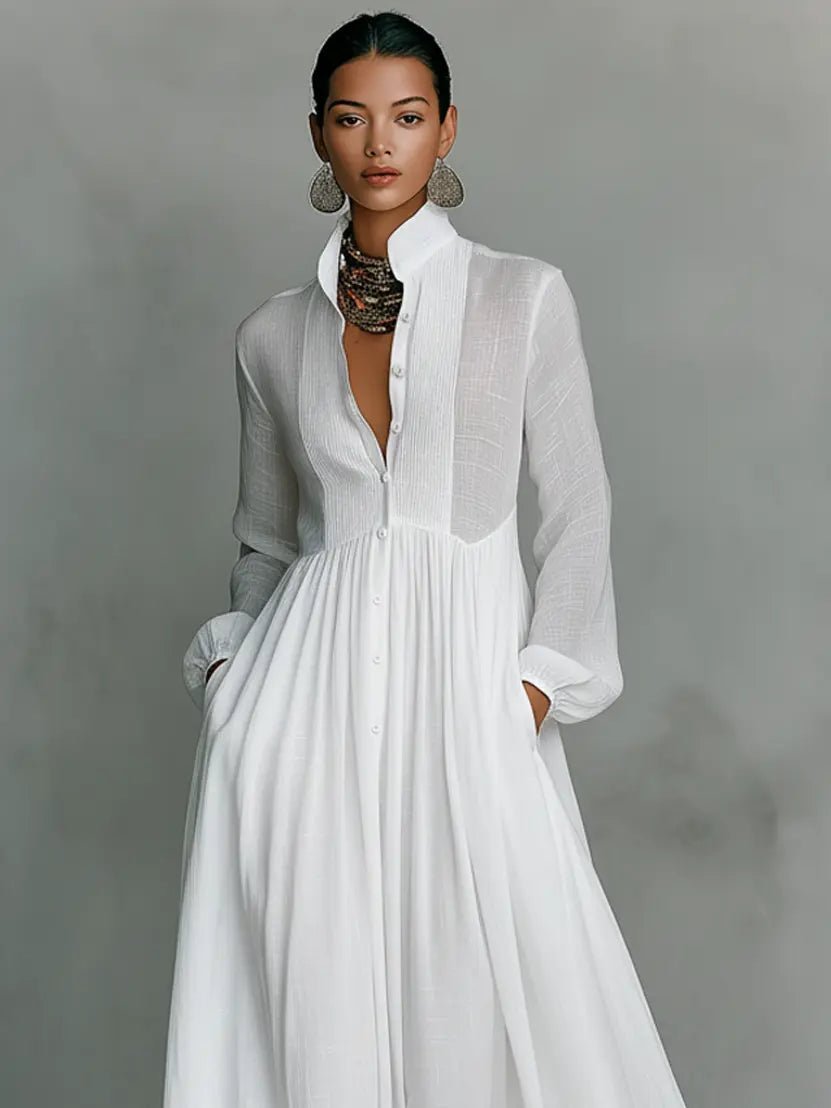 Dames Linnen Blend Maxi Jurk Staande Kraag Knoopsluiting