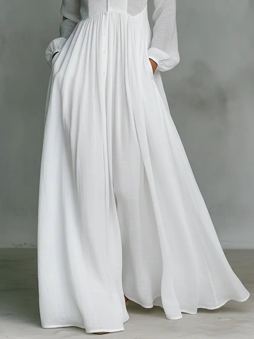 Dames Linnen Blend Maxi Jurk Staande Kraag Knoopsluiting