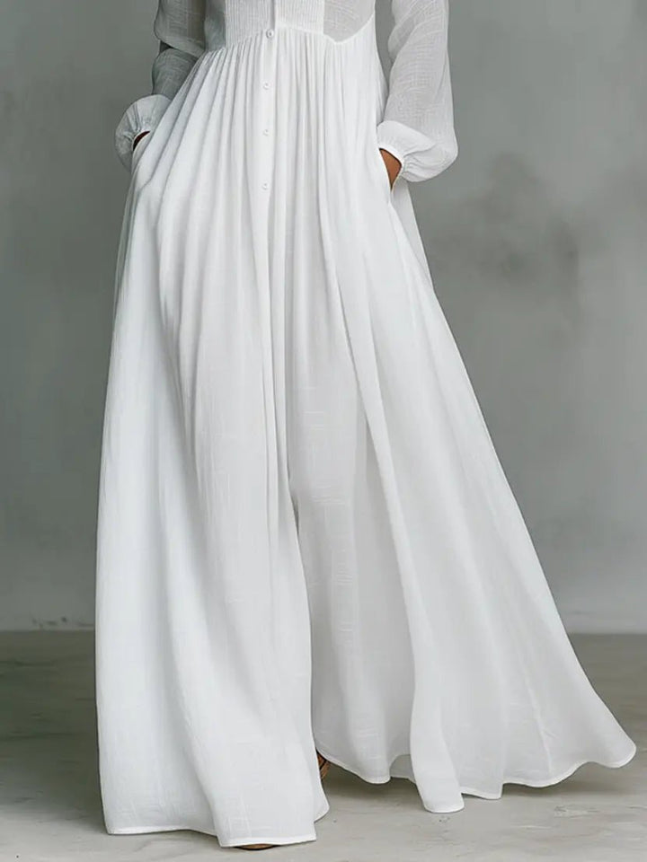 Dames Linnen Blend Maxi Jurk Staande Kraag Knoopsluiting