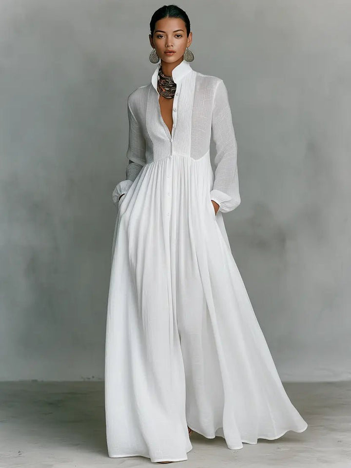Dames Linnen Blend Maxi Jurk Staande Kraag Knoopsluiting