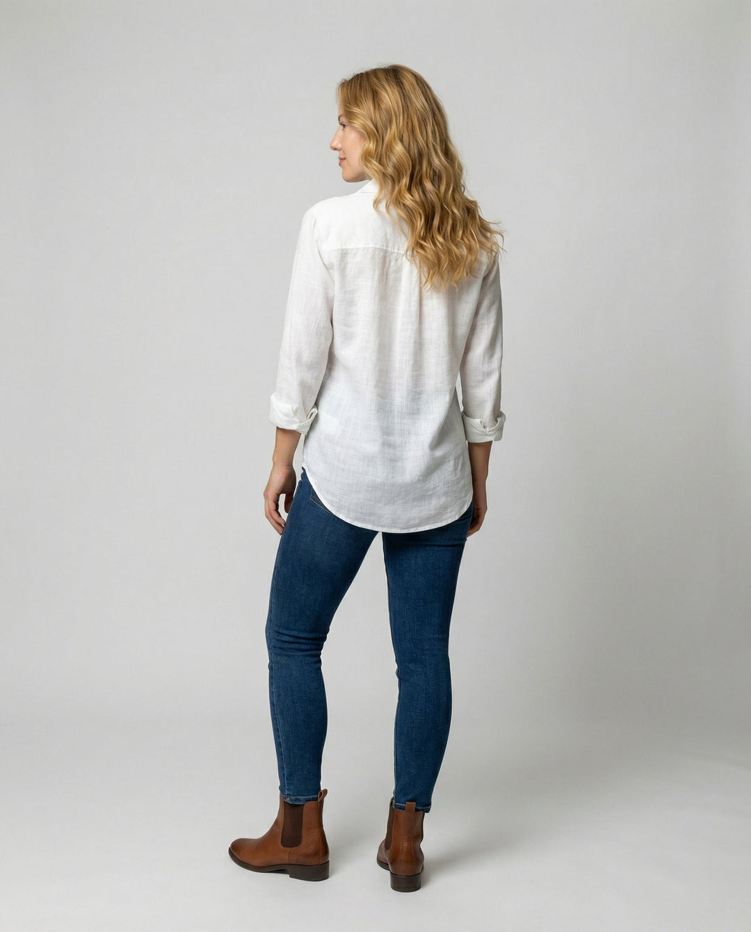 Dames Linnen Blouse Driekwart Mouwen Klassieke Kraag