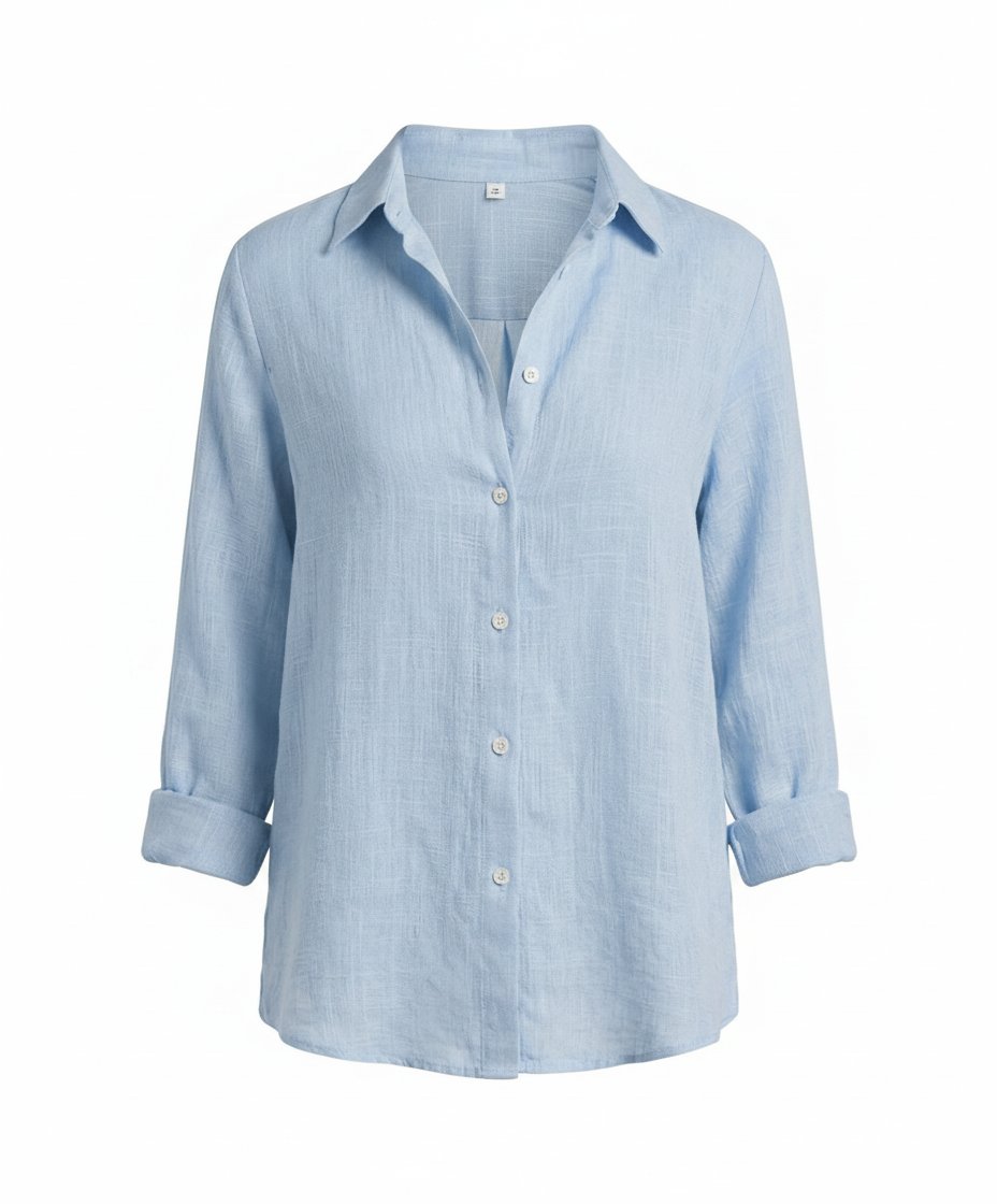 Dames Linnen Blouse Driekwart Mouwen Klassieke Kraag - Blue