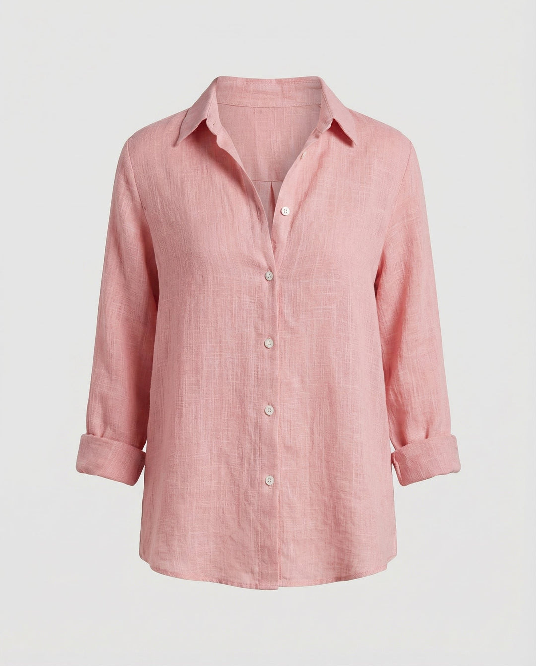 Dames Linnen Blouse Driekwart Mouwen Klassieke Kraag - Pink