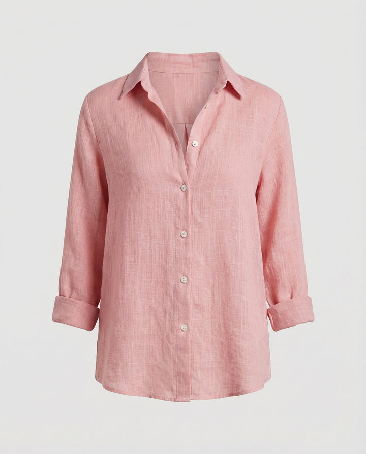 Dames Linnen Blouse Driekwart Mouwen Klassieke Kraag - Pink