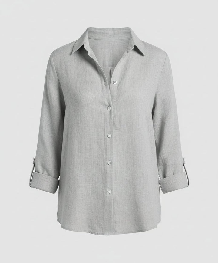 Dames Linnen Blouse Driekwart Mouwen Klassieke Kraag - Gray