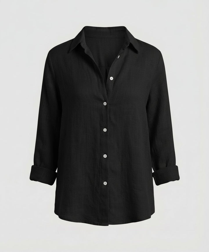 Dames Linnen Blouse Driekwart Mouwen Klassieke Kraag - Black