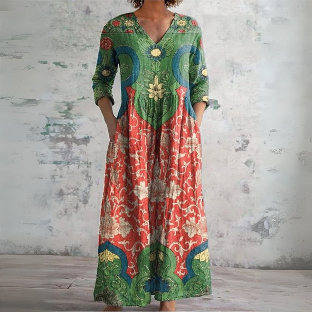 Dames Linnen Boho Etnische V-Hals Maxi Jurk