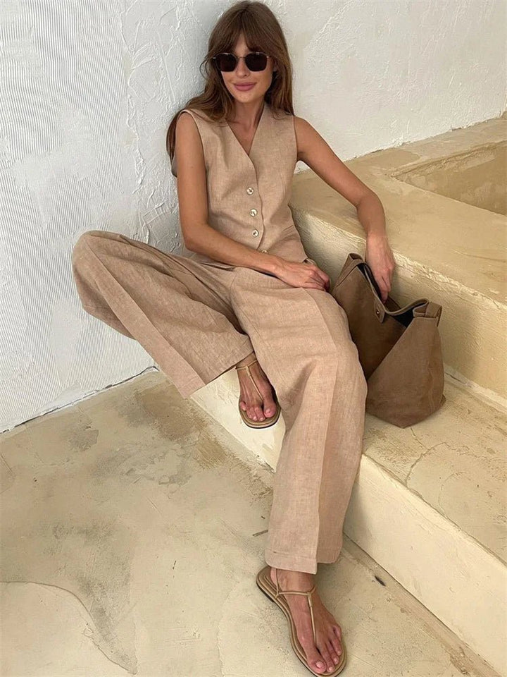 Dames Linnen Broekpak met Vest en Wijde Pijpen - Beige