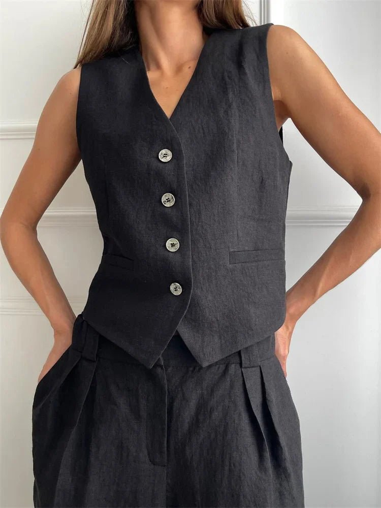 Dames Linnen Broekpak met Vest en Wijde Pijpen - Black