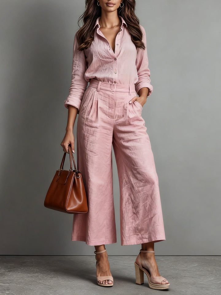 Dames Linnen Co-ord Set Wijde Pijpen Broek Knoopsluiting Blouse - Pink