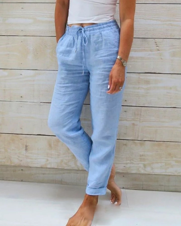 Dames Linnen Elastische Taille Trekkoord Rechte Broek - Light Blue