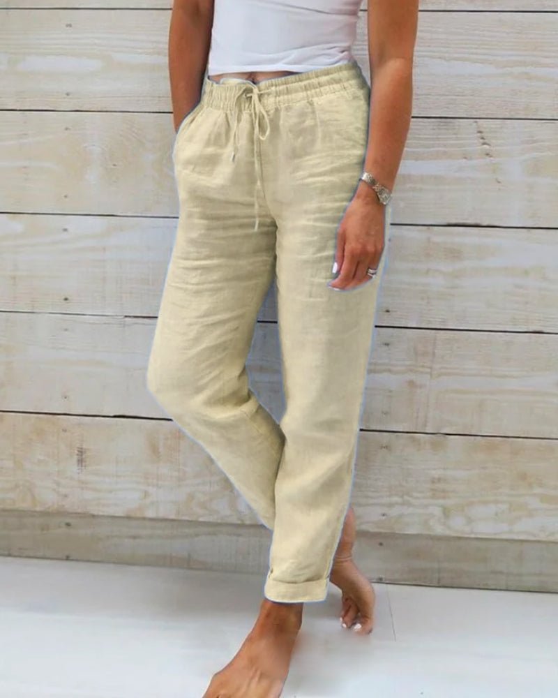 Dames Linnen Elastische Taille Trekkoord Rechte Broek - Beige