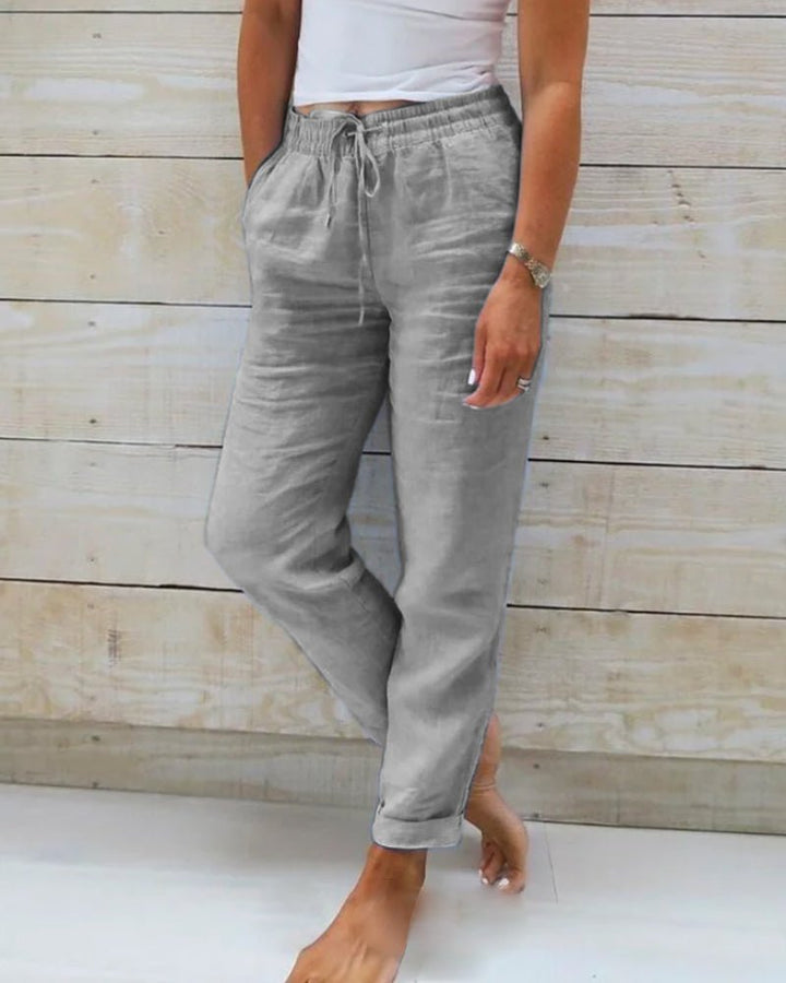 Dames Linnen Elastische Taille Trekkoord Rechte Broek - Light Gray