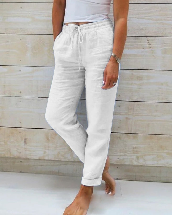 Dames Linnen Elastische Taille Trekkoord Rechte Broek - White