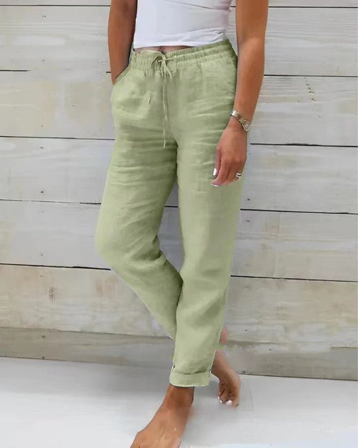Dames Linnen Elastische Taille Trekkoord Rechte Broek - Sage Green