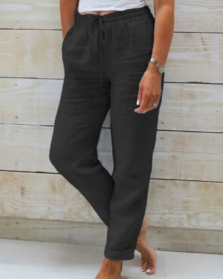 Dames Linnen Elastische Taille Trekkoord Rechte Broek - Black